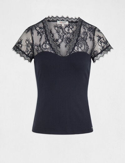 T-shirt met korte mouwen van kant marineblauw vrouw
