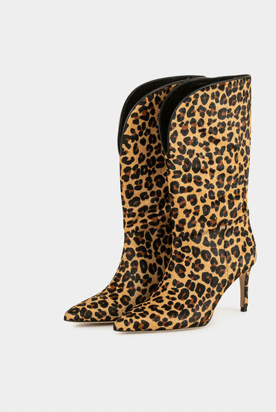Bottes en cuir imprimé léopard marron femme