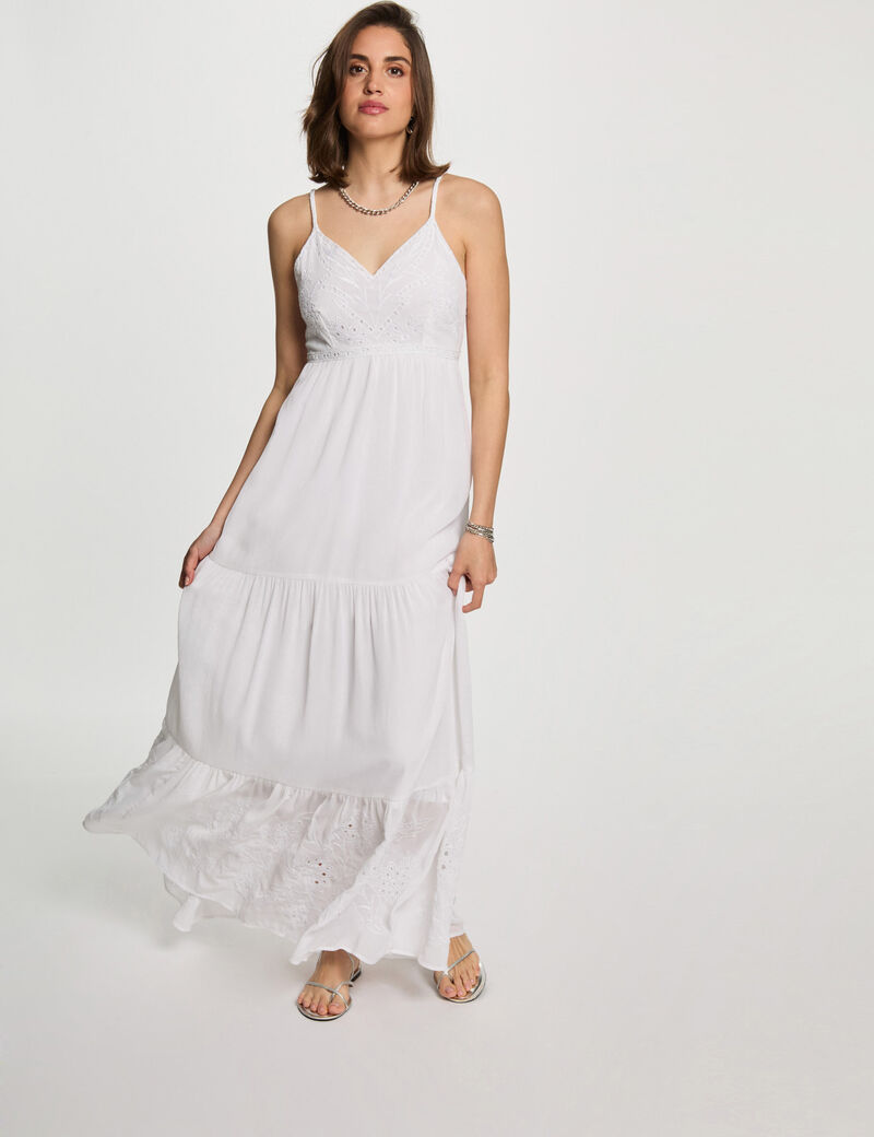 Robe longue fluide broderie blanc femme