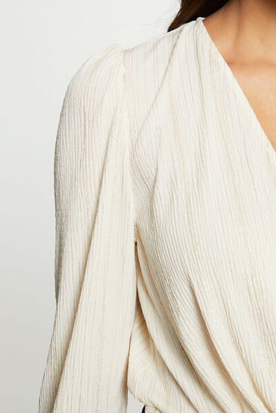 Blouse manches longues col cache-coeur ecru femme