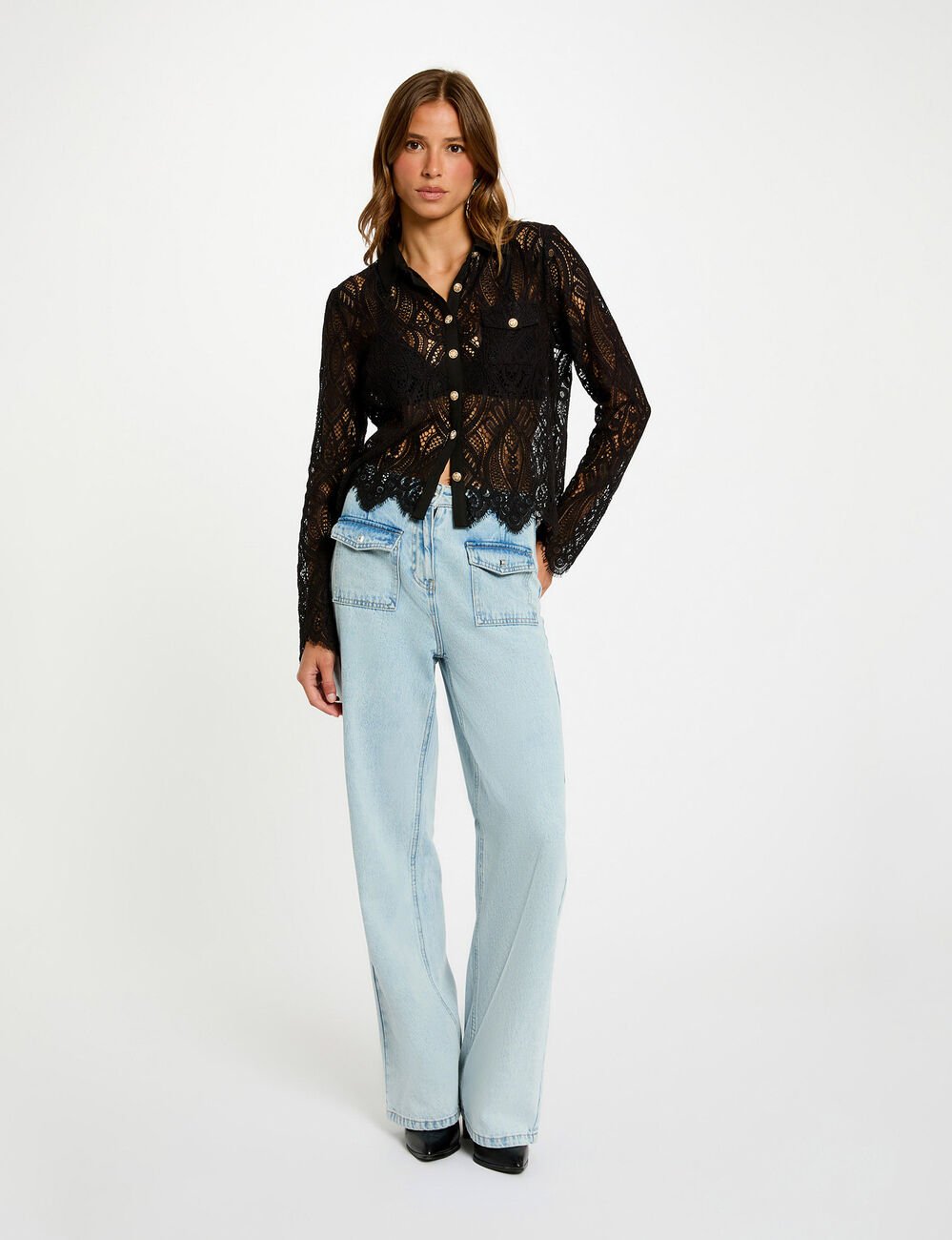 Korte kanten blouse zwart vrouw