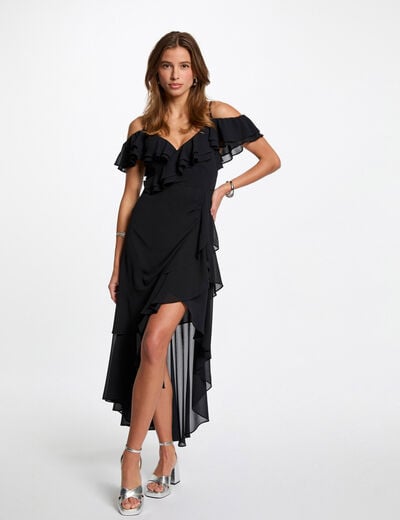 Robe midi droite volants bleu marine femme