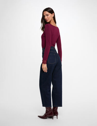 T-shirt met V-hals en kant pruim vrouw