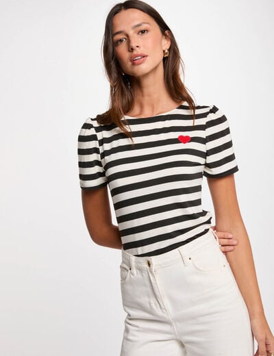 Gestreept T-shirt met korte mouwen helder wit vrouw