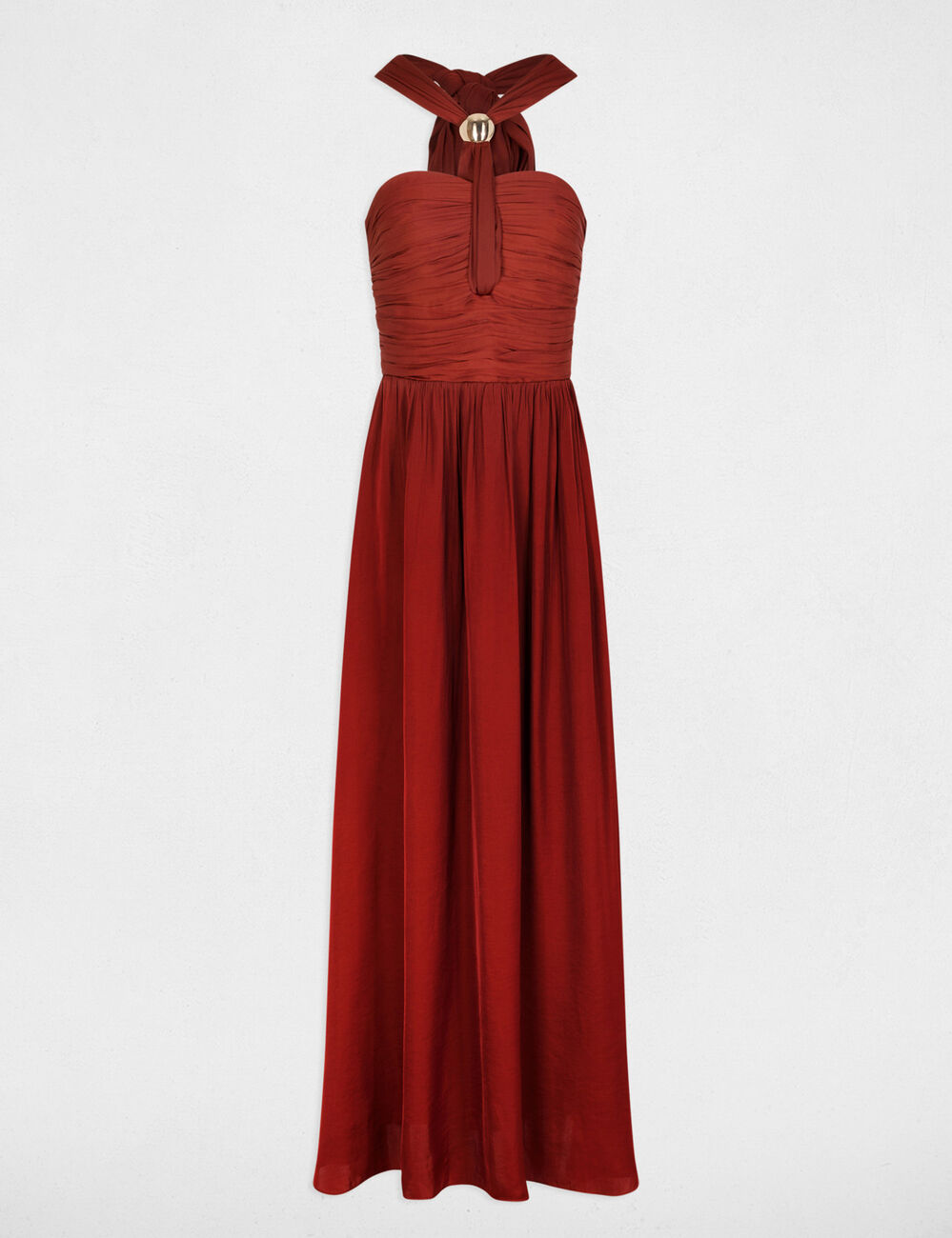 Robe longue col nou&eacute; marron cognac femme