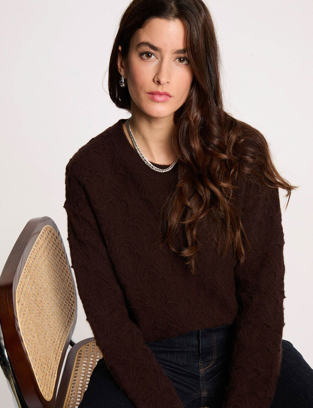 Pull col rond fantaisie marron fonc&eacute; femme