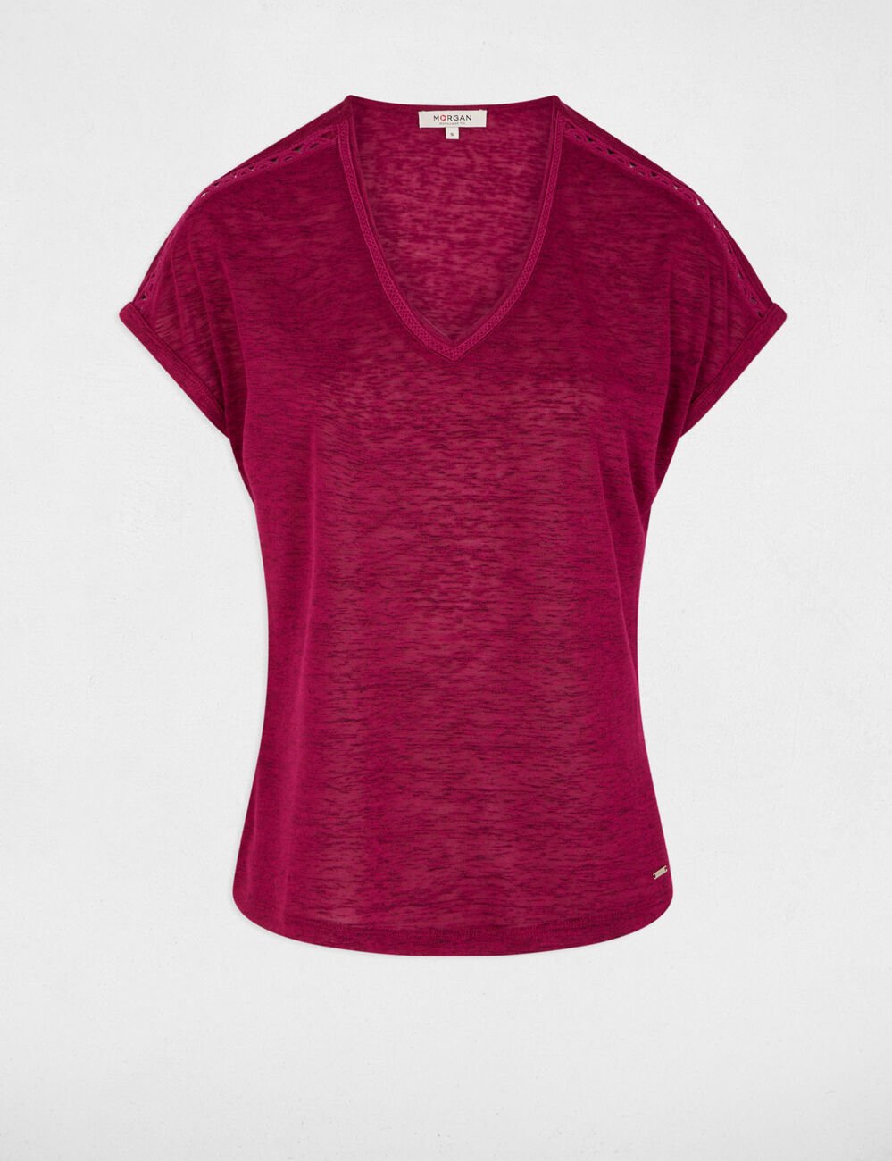 T-shirt met V-hals en korte mouwen pruim vrouw