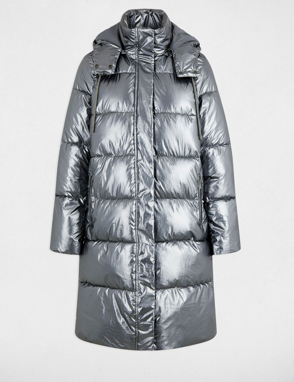 Lange glanzende jas couleur argent vrouw