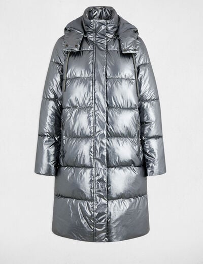 Lange glanzende jas couleur argent vrouw