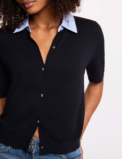 Pull col &agrave; revers bleu marine femme