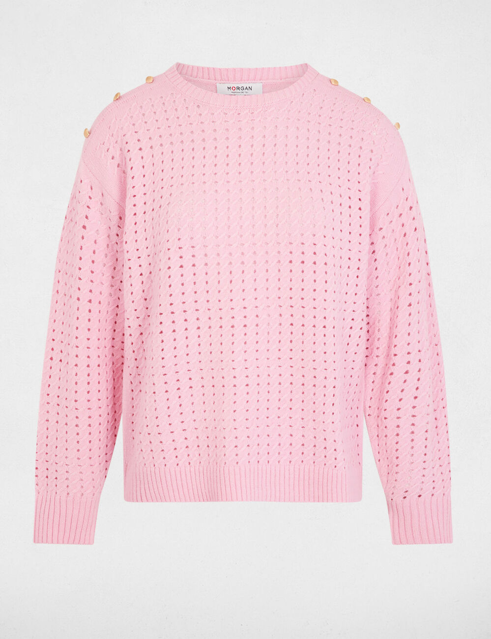 Pull &eacute;paules boutonn&eacute;es rose clair femme