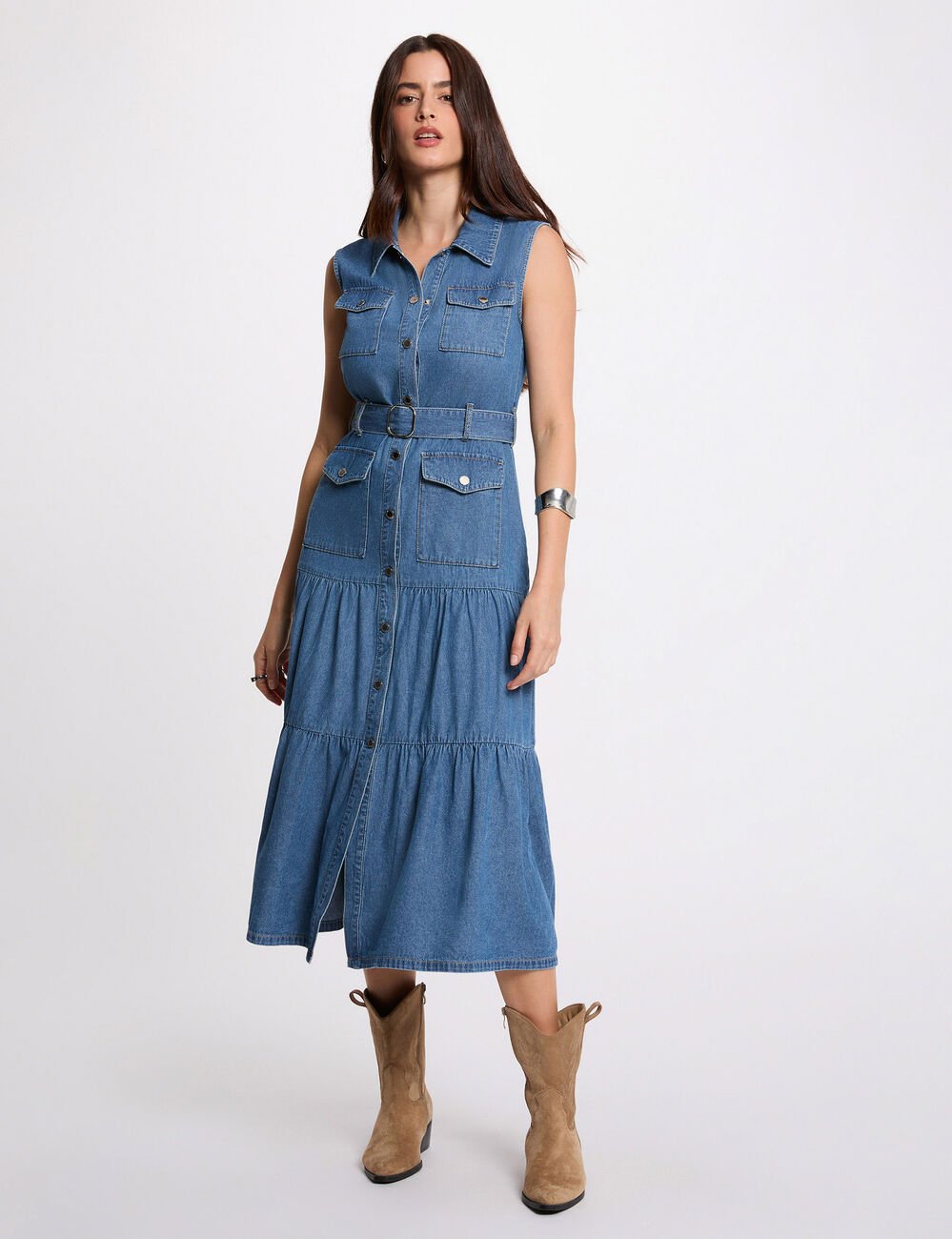 Robe longue droite en jean denim stone femme