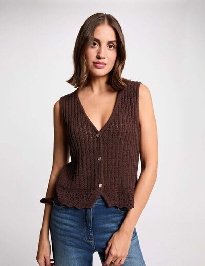 Gilet sans manches ajouré marron foncé femme