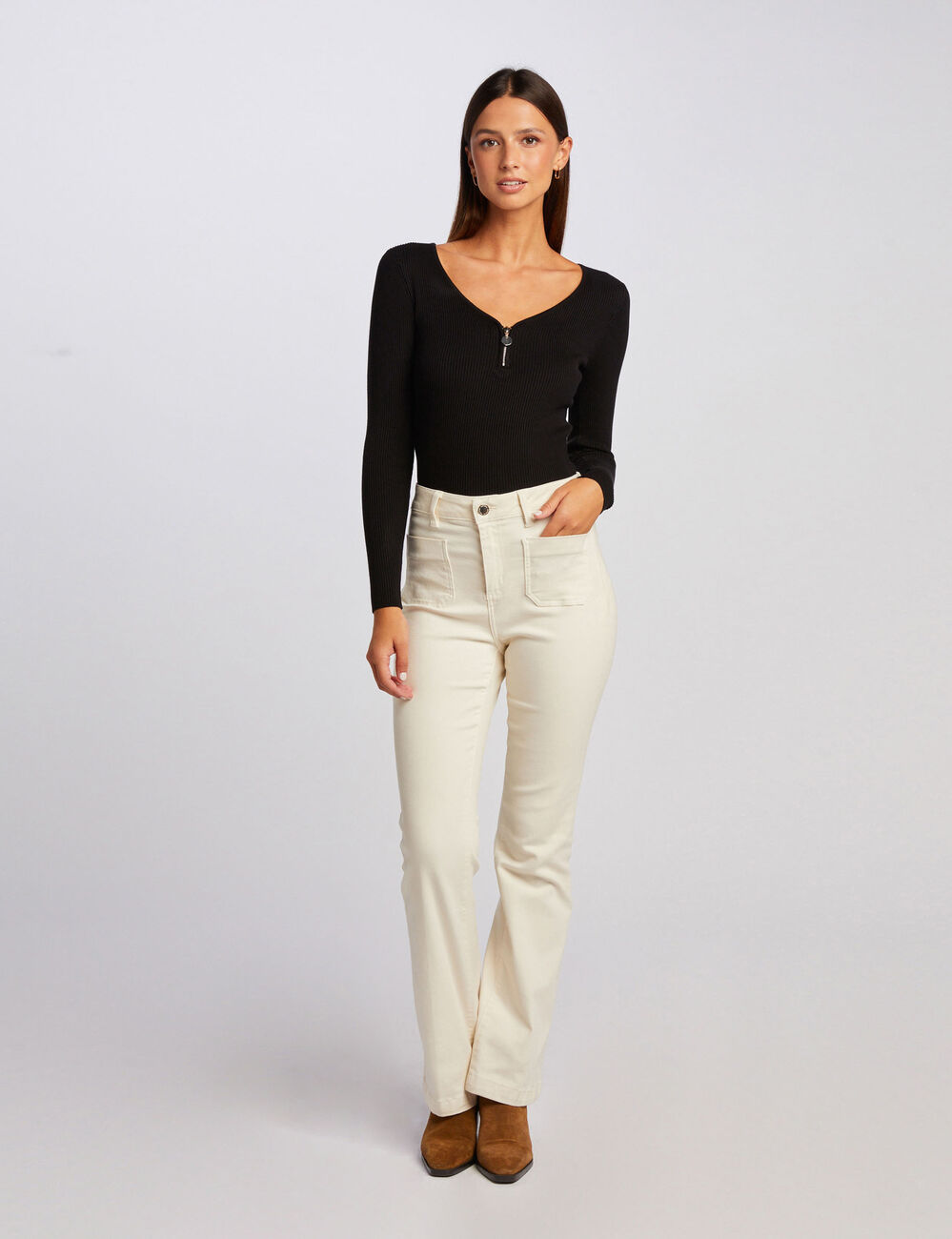 Pull manches longues c&ocirc;tel&eacute; d&eacute;tail zipp&eacute; noir femme