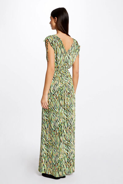 Robe longue droite imprimé géométrique vert femme