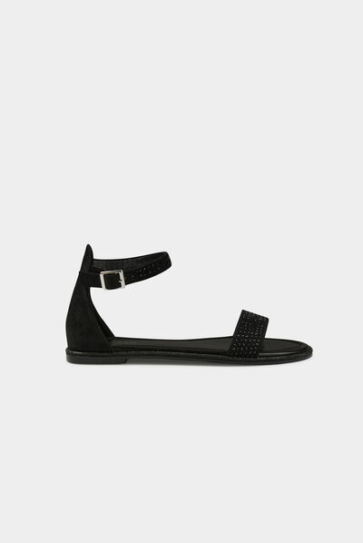 Sandales plates avec détails strass noir femme