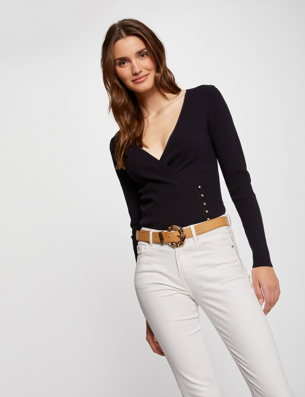 Trui met lange mouwen en overslagkraag marine vrouw