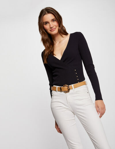 Pull manches longues col cache-coeur marine femme