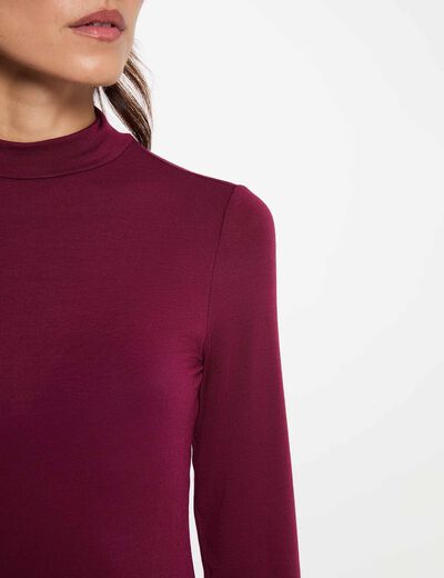 T-shirt col montant manches longues prune femme