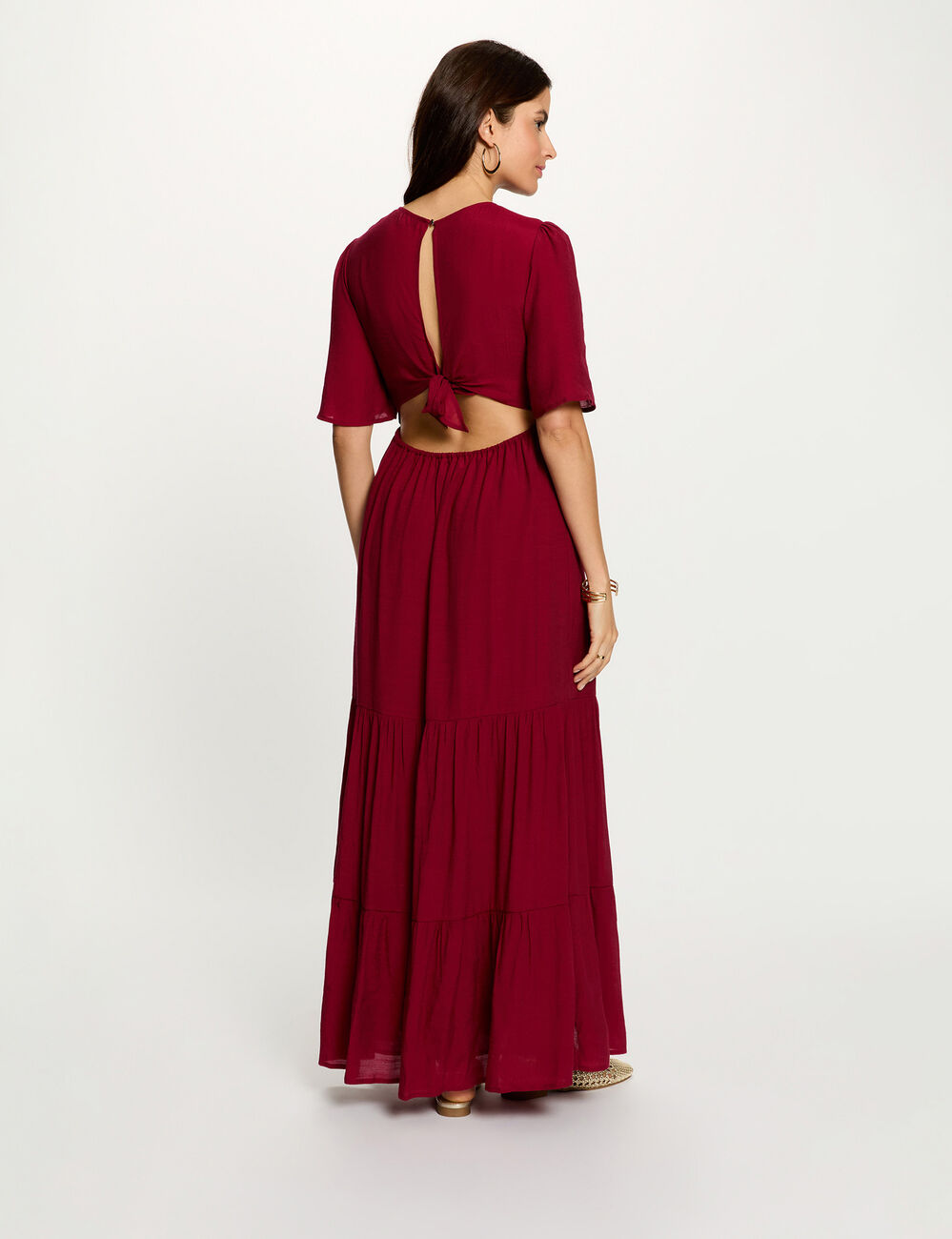 Robe longue col v bordeaux femme