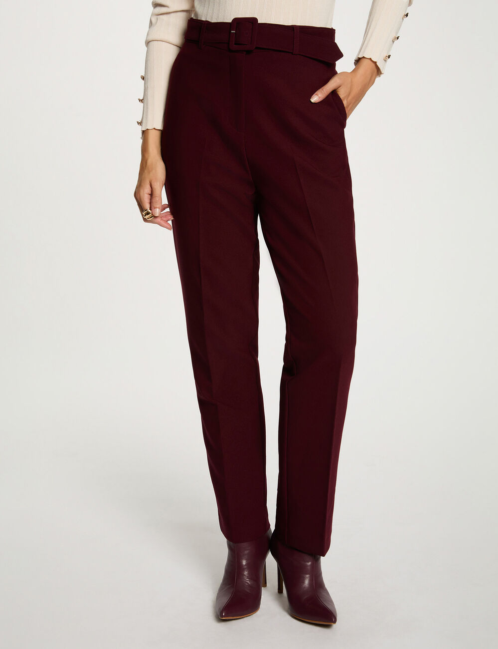 Pantalon droit taille haute prune femme