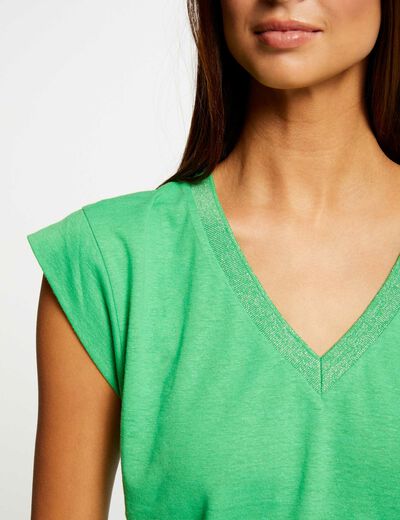 T-shirt manches courtes à col en V vert femme