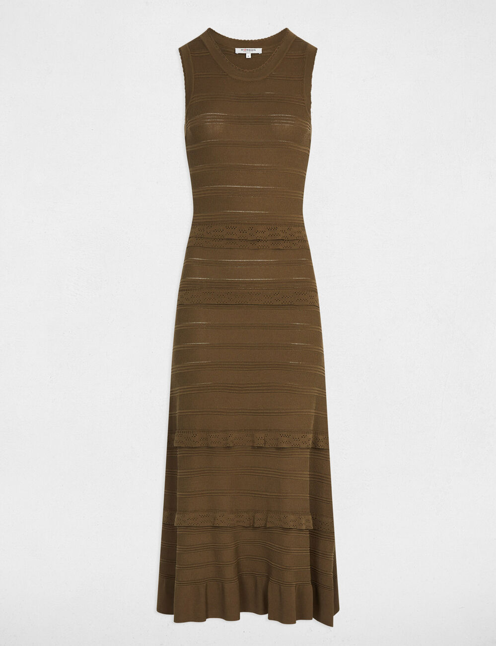 Robe tricot longue cintr&eacute;e vert kaki femme