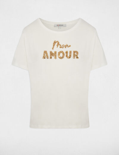 T-shirt met pailletten helder wit vrouw