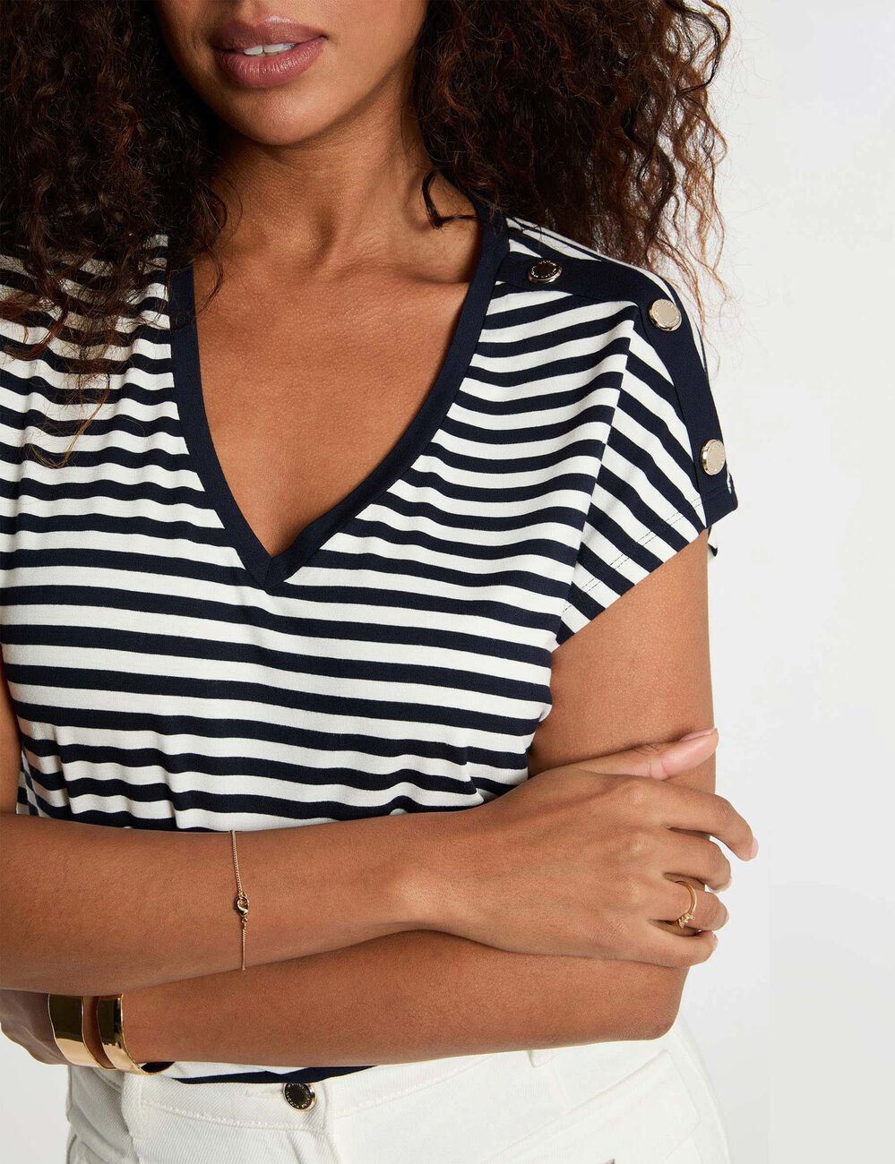 Gestreept V-hals T-shirt marineblauw vrouw