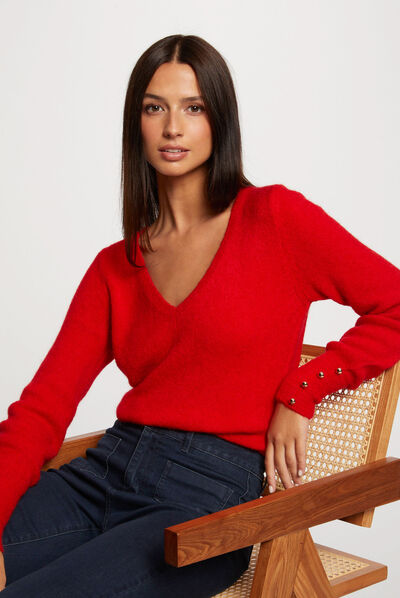Trui met lange mouwen en V-hals rood vrouw