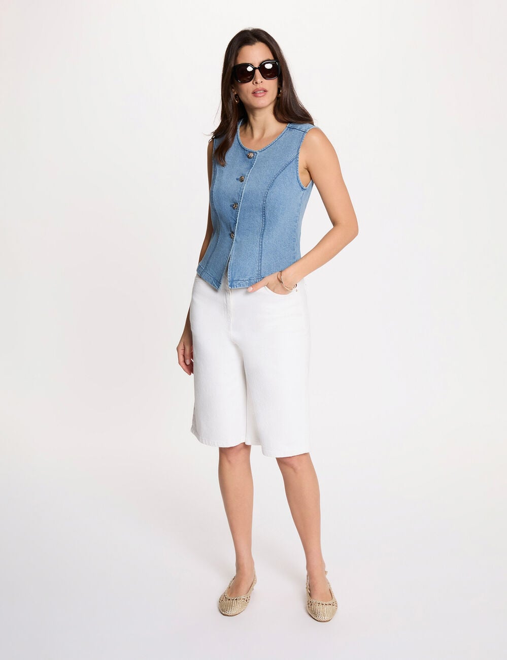 Mouwloos vest dubbel stone washed denim vrouw