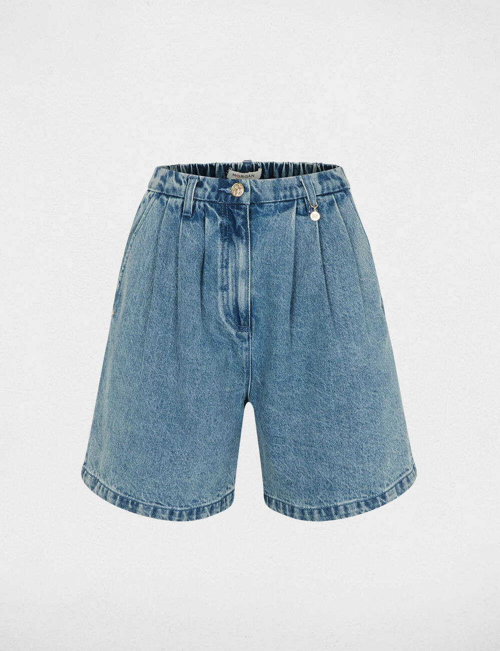 High-waist short dubbel stone washed denim vrouw