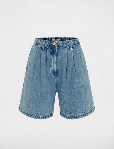 High-waist short dubbel stone washed denim vrouw