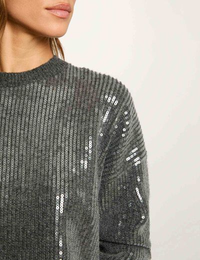 Pull sequins col rond gris foncé femme