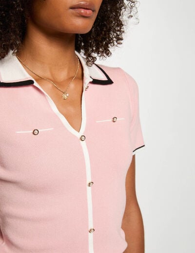 Pull col polo manches courtes rose poudrée femme