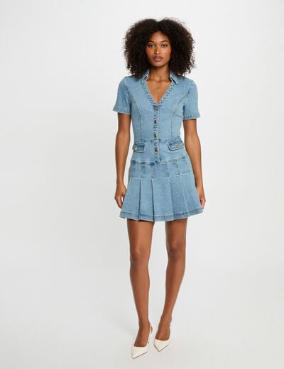 Korte trapeze jurk van denim stone washed denim vrouw