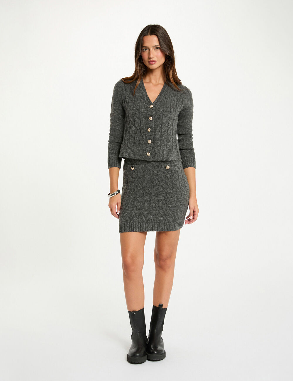 Robe tricot col v gris fonc&eacute; femme