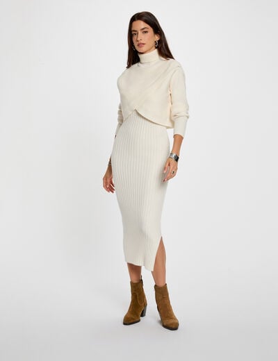 Robe tricot col roul&eacute; ivoire femme
