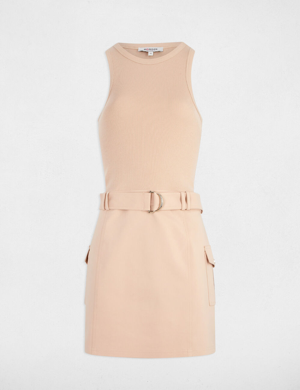 Korte aansluitende jurk met riem beige vrouw