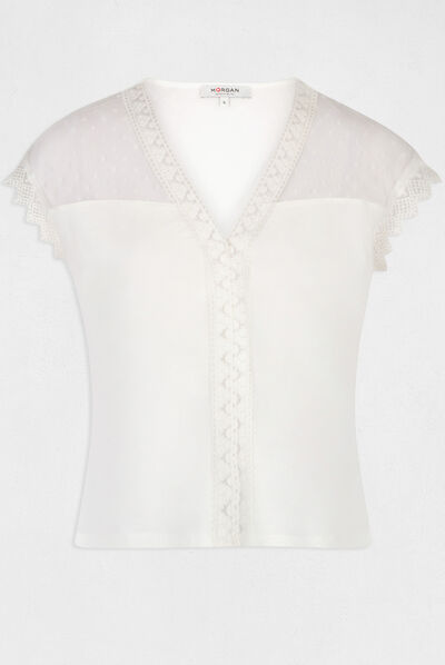 T-shirt manches courtes à plumetis ecru femme