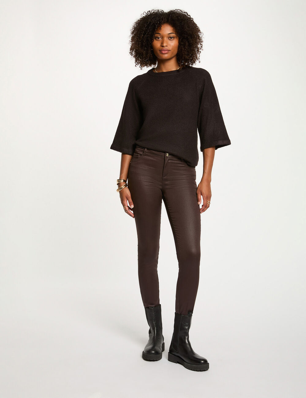 Pull manches 3/4 oversize marron fonc&eacute; femme