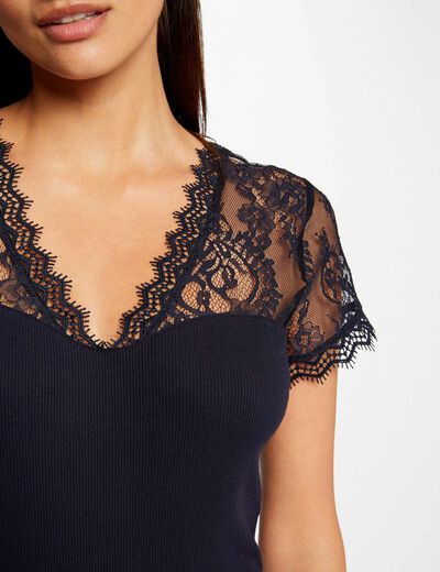 T-shirt met korte mouwen van kant marineblauw vrouw