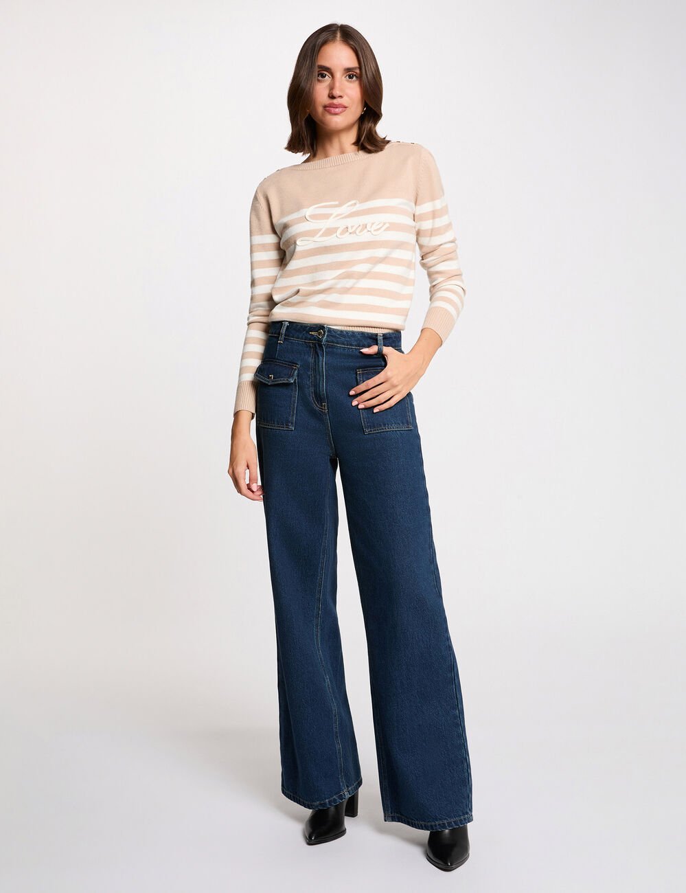 Gestreepte geborduurde trui marron clair vrouw