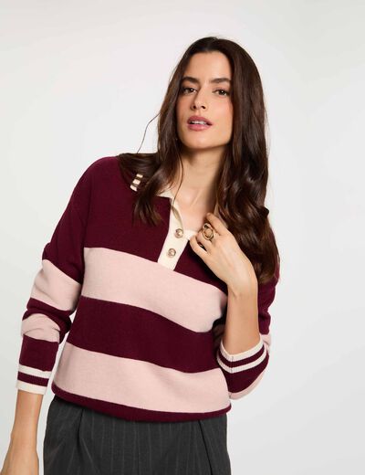 Pull col &agrave; revers bordeaux femme