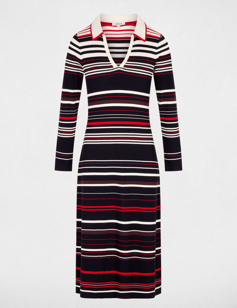 Robe tricot ray&eacute;e manches longues bleu marine femme