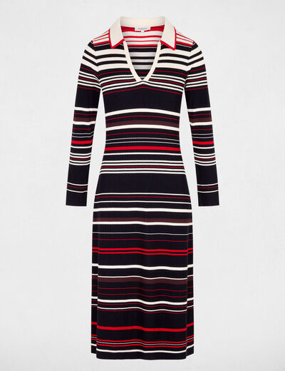 Robe tricot ray&eacute;e manches longues bleu marine femme