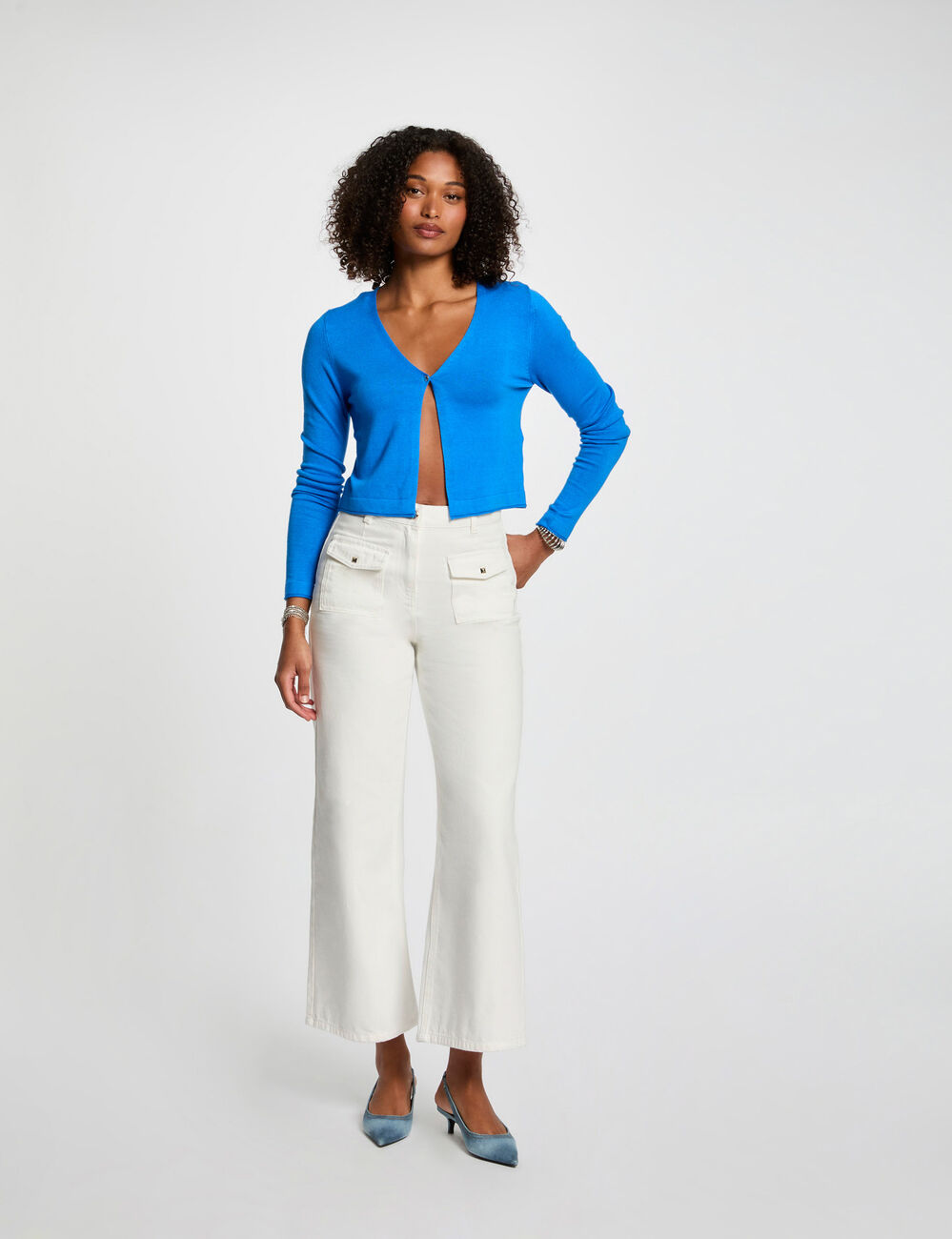 Gilet manches longues à col en V bleu electrique femme