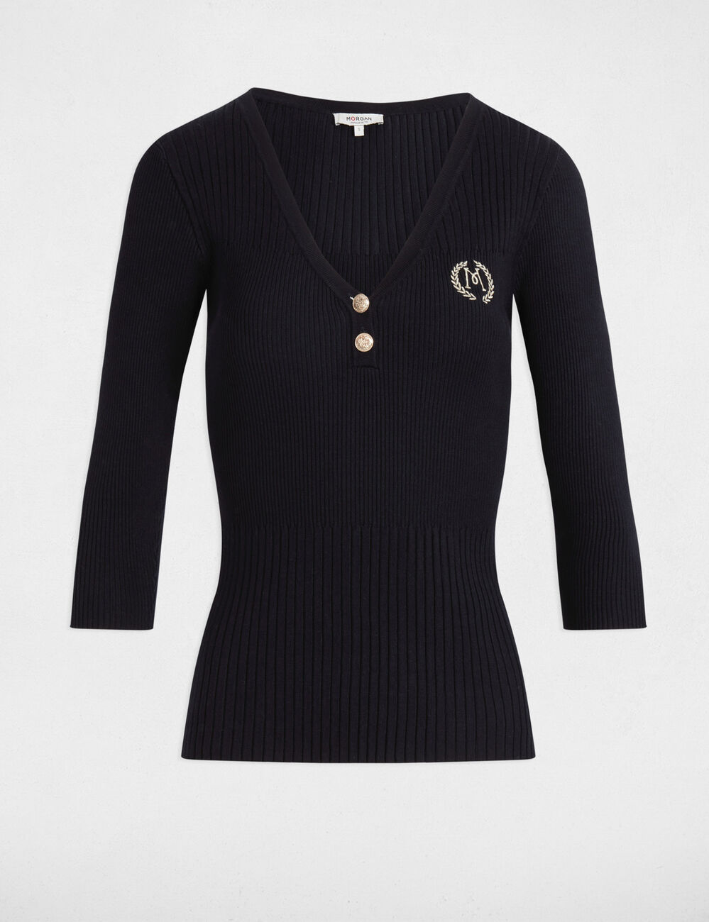 Pull col en V côtelé bleu marine femme