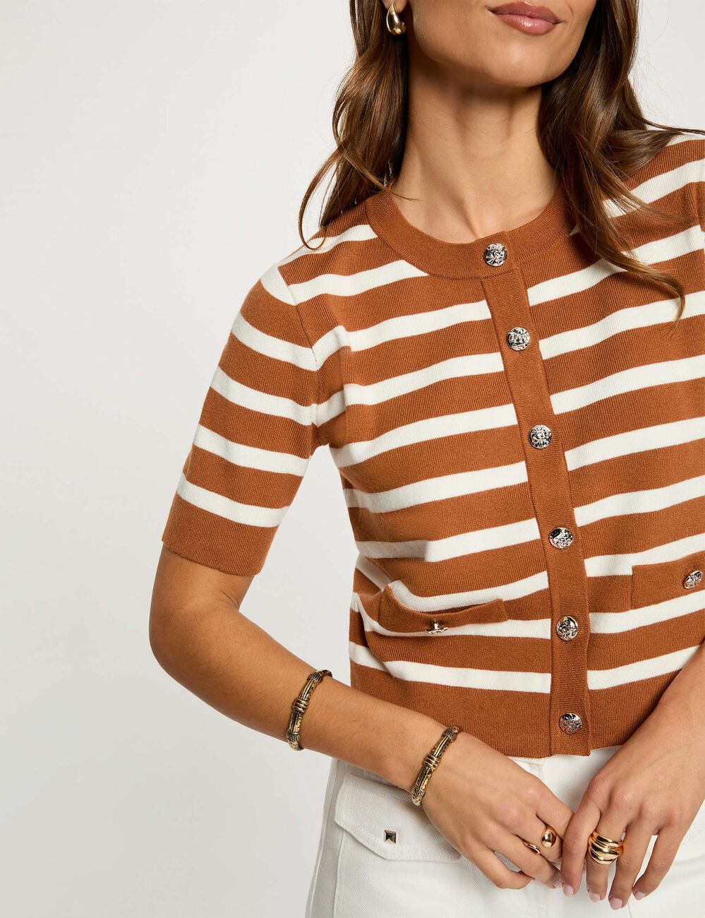 Gilet ray&eacute; manches courtes camel femme