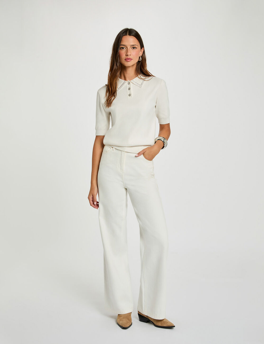 Pull ajusté col polo ecru femme